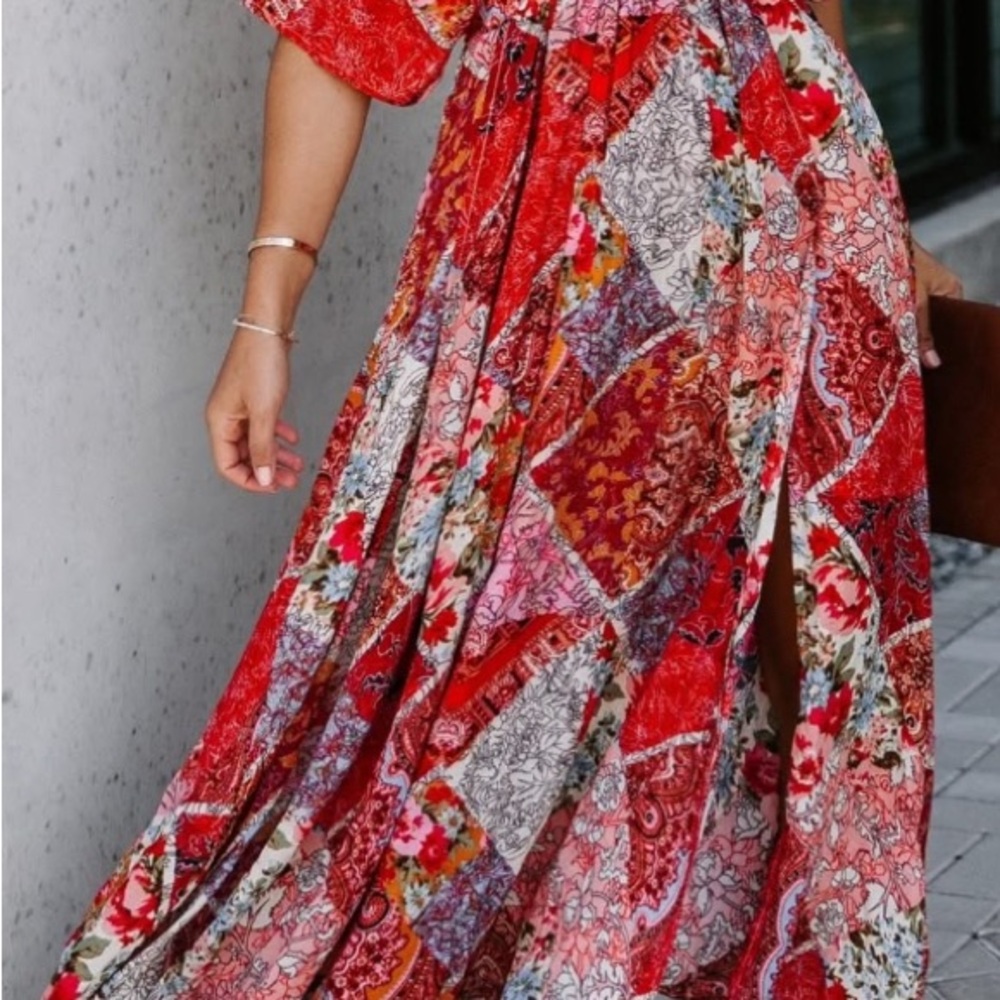 Floral Patchwork Maxi Skirt - Red 104
